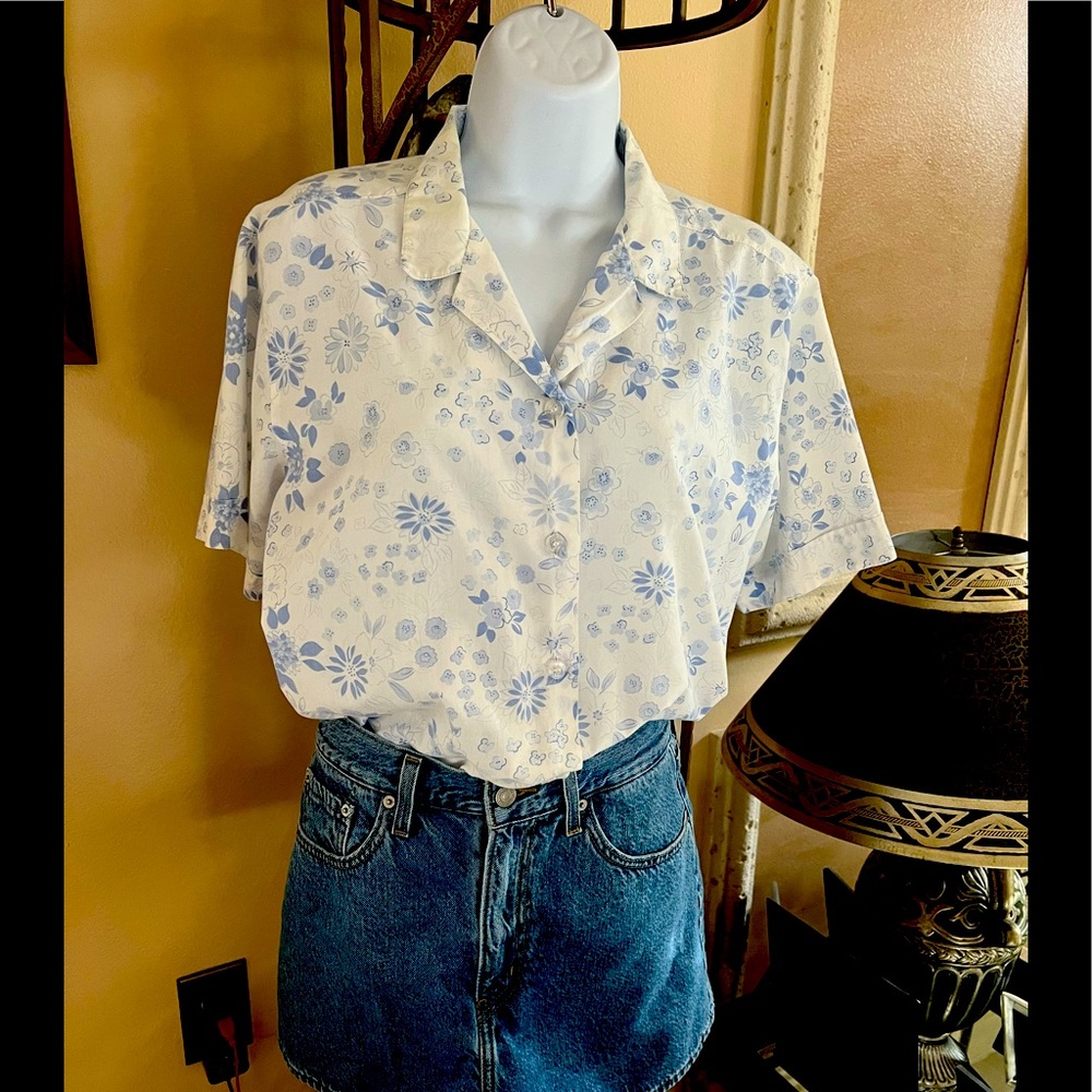 Haband Button Down Short Sleeve Flower Blouse L